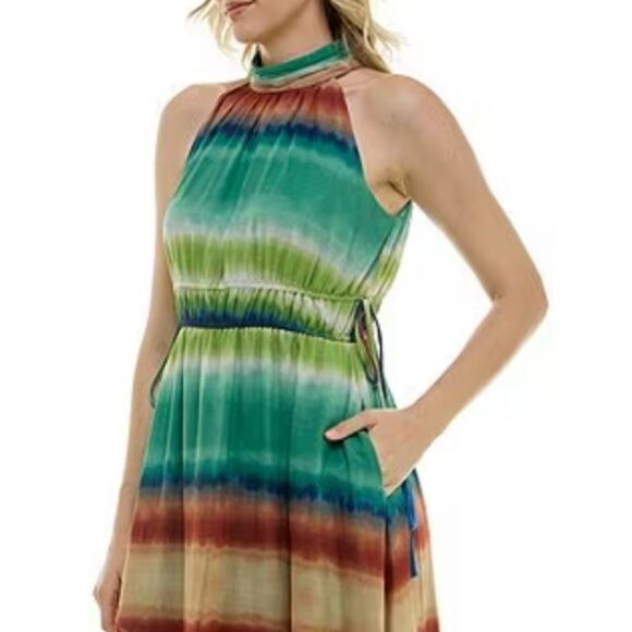 Taylor NWT Printed Chiffon Mock Neck Sleeveless Gathered Maxi Dress Rust Teal 6 - Picture 3 of 10